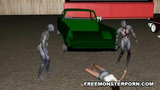 3D Babe Double Teamed Outdoors by Zombies