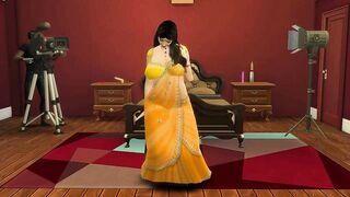 Desi Aunty Manju teasing horny guys by wearing a sexy yellow saree