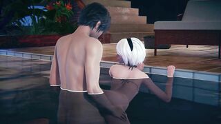 2B gets fucked doggystyle in the pool