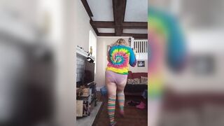 Blond girl Strip Dances in knee high socks