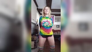 Blond girl Strip Dances in knee high socks