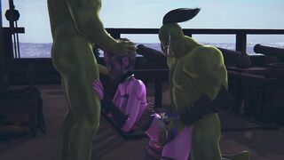 Two orcs fucked a dark elf and cum on her face and ass