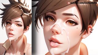 Tracer from Overwatch takes control and sucks five dicks at once!