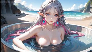 An Elf Girl Bathing in the Bond While Others Are Watching Her Near Beach