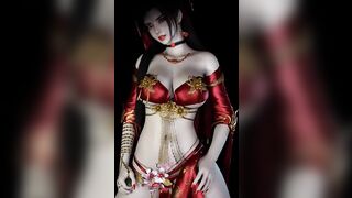 3D cosplay model with sexy tattoo shaking her big boobs