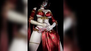 3D cosplay model with sexy tattoo shaking her big boobs