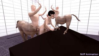 Asian Futanari with two centaur furry (animation 3D)